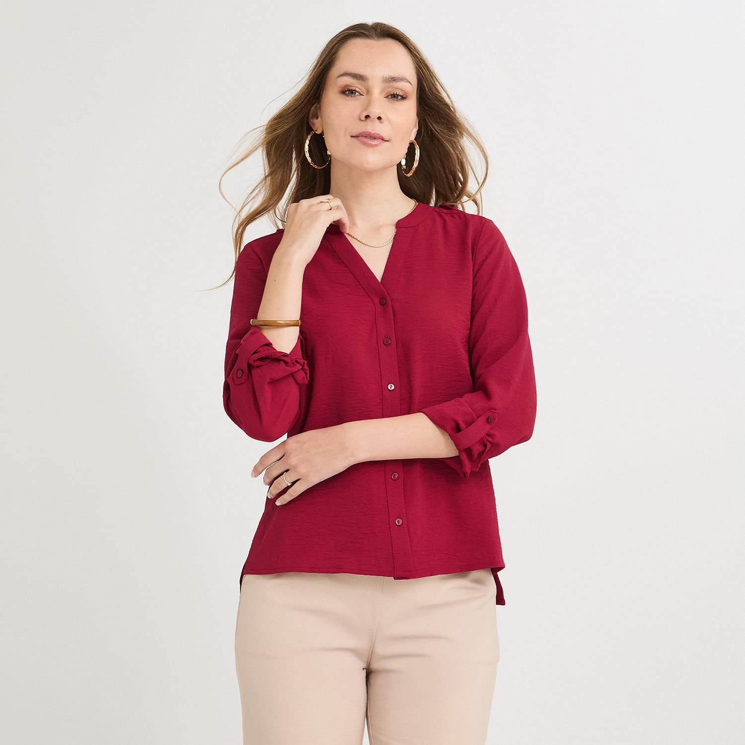 Blusa Manga Larga con Botones Frontales Rojo